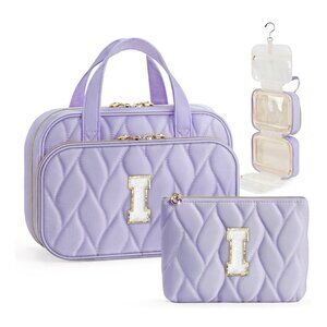 Initial Toiletry Bag Travel Makeup Bag -Hanging Toiletry Bag Lavender Initial I